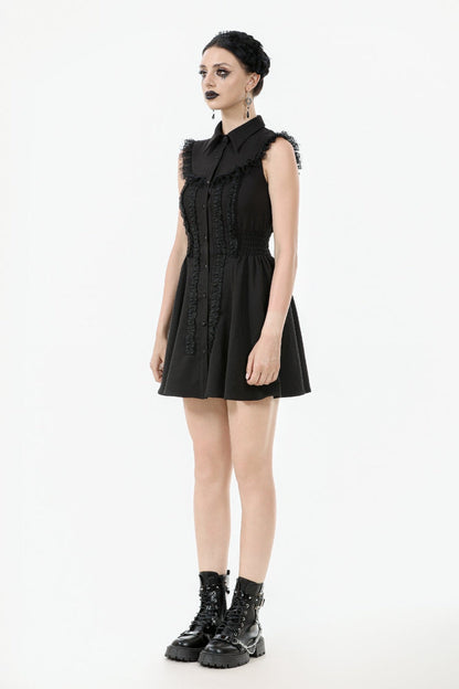 Black Lapel Collar Sleeveless Lace Women's Gothic Button-Front Dress Graduation Dress