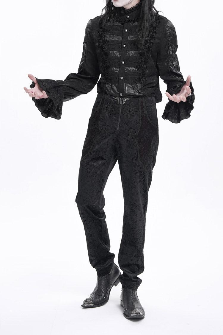 Black Floral Branded Print Embroidery Zipper Men's Gothic Pants