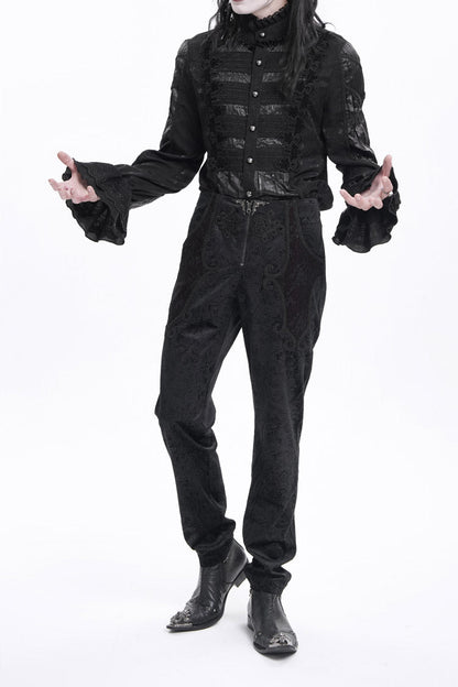 Black Floral Branded Print Embroidery Zipper Men's Gothic Pants