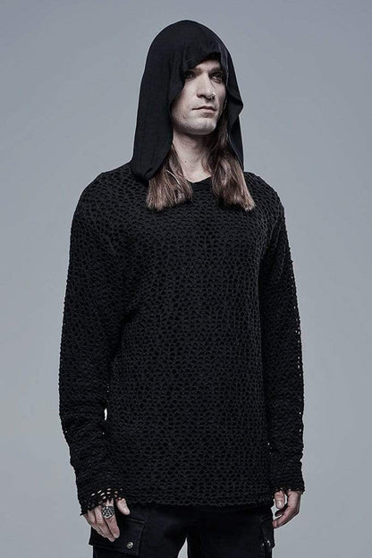 Black Knit Outer Mesh Long Sleeve Inner Hooded Simple Two Piece Men's Punk T-Shirt