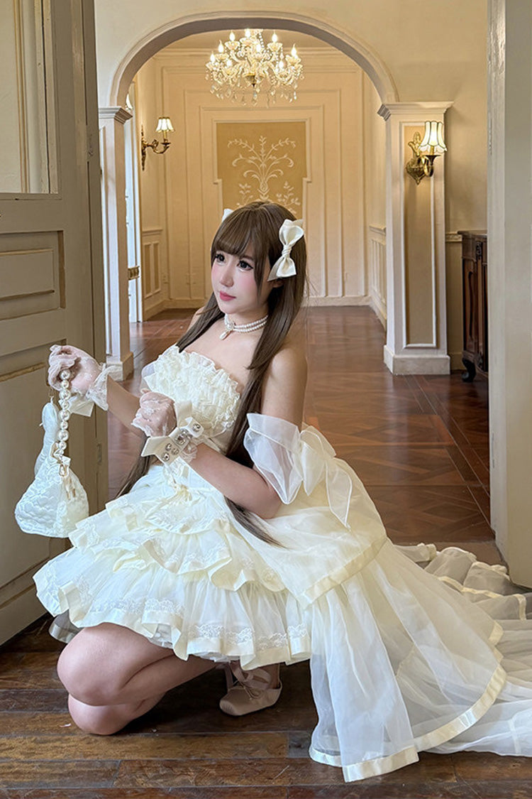 Beige [Mousse Love Song] Off Shoulder Sleeveless Triple-Layered Ruffled Hanayome Bow Sweet Elegant Ballet Lolita Short Dress Set