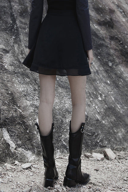 Black Chiffon Plaid Large-Hole Mesh Stitching V-Word Segmentation Design Sun-Hem Women's Punk Skirt