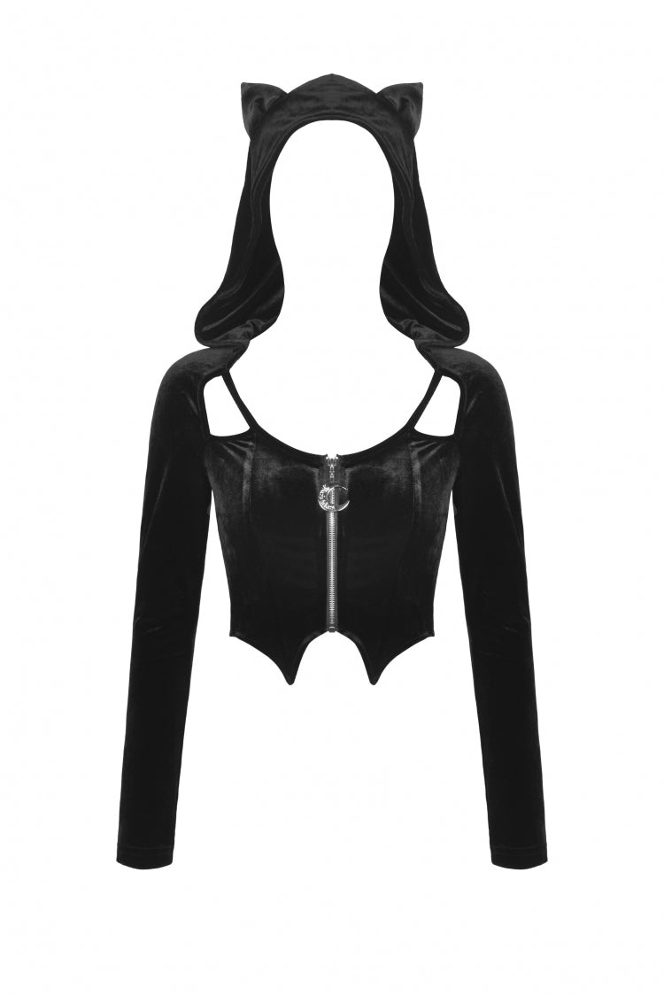 Black Long Sleeves Irregular Moon-shaped Zipper Women's Punk Crop Top with Cat's Ears Hood