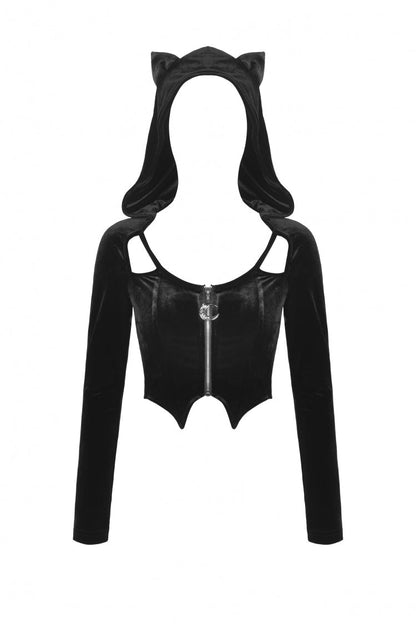 Black Long Sleeves Irregular Moon-shaped Zipper Women's Punk Crop Top with Cat's Ears Hood