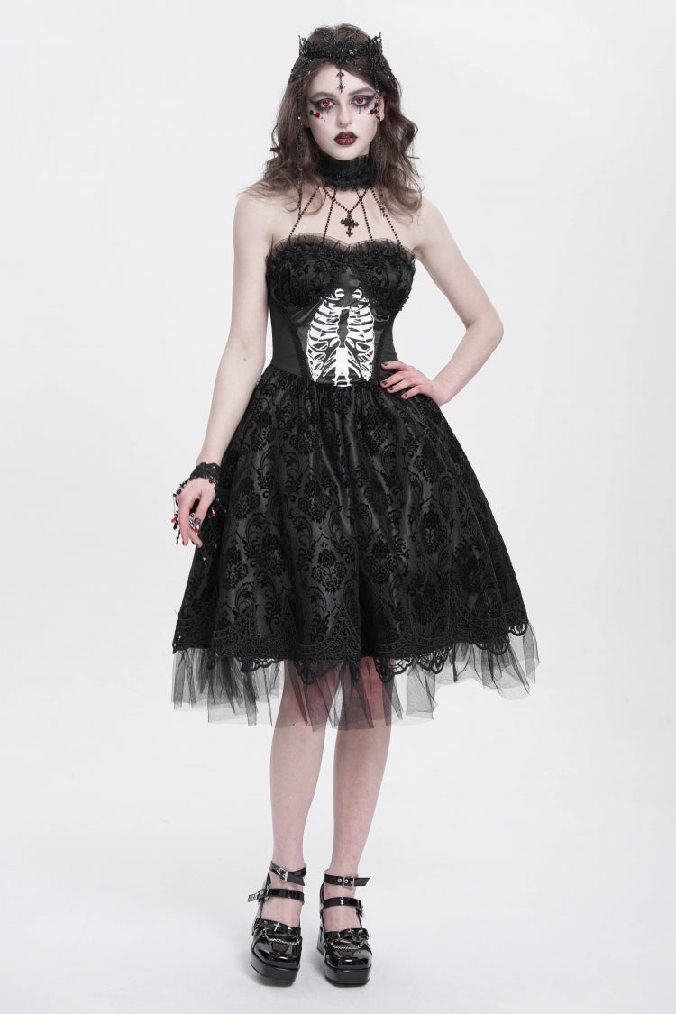 Black Halterneck Skeleton Print Embroidery Stitching Lace Women's Gothic Dress