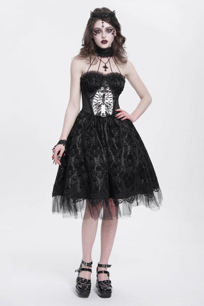 Black Halterneck Skeleton Print Embroidery Stitching Lace Women's Gothic Dress