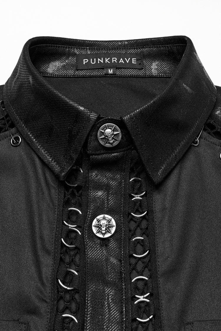 Black Lapel Collar Long Sleeves Stitching Mesh Men's Punk Blouse