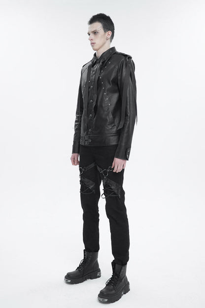 Black Lapel Collar Studded Strap Dashing Men's Punk Jacket