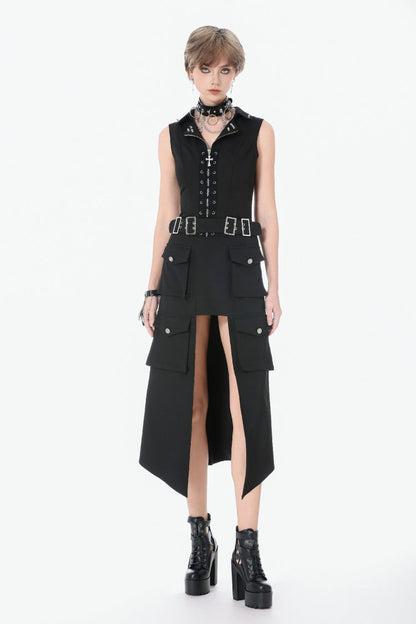 Black Lapel Collar Sleeveless Lace-Up Studded Zippered Eyelet Women's Punk Vest