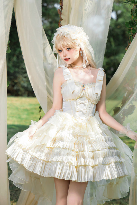 Apricot [Cream Cake] Sleeveless Multi-Layered Ruffle Bowknot Sweet Princess Lolita Jsk Dress Set