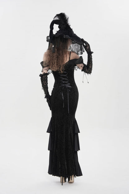 Black Off Shoulder Sleeveless Embroidered Lace Slim Women's Gothic Gorgeous Strapless Dress
