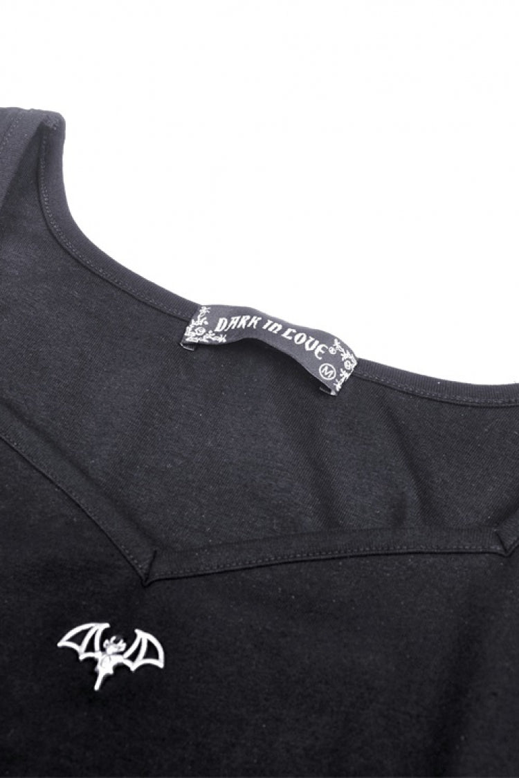 Black Long Sleeves Irregular Strappy Bat Women's Punk Crop Top
