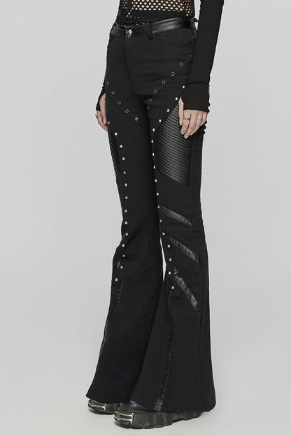 Black Mesh Rivet Women's Punk Flared Pants