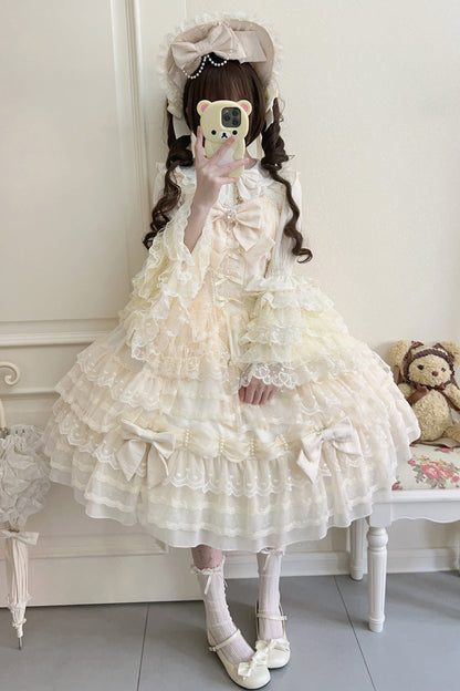 Beige [Dream Prologue] Doll Multi-Layered Bowknot Lace Sweet Princess Lolita Dress