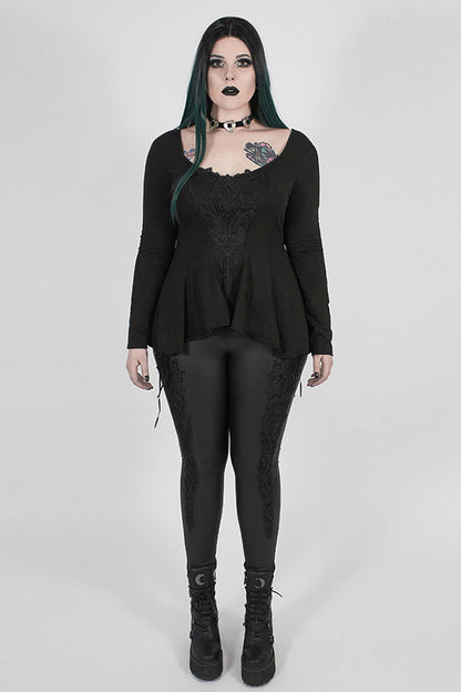 Black Big Round Collar Front Chest Decals Long Sleeve Back Waist Lace-Up Frill Hem Plus Size Women's Gothic T-Shirt