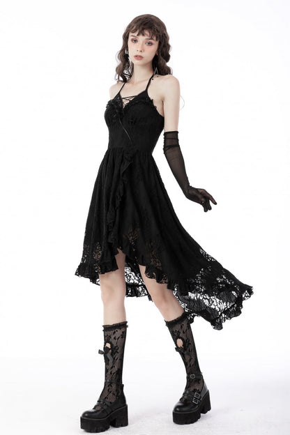Black Off Shoulder Halterneck Ruffled Lace-Up Swallow Tail Floral Lace Women's Gothic Dress