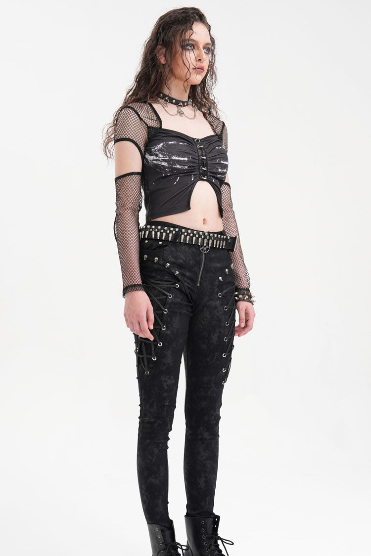 Black Long Sleeves Hollow Mesh Ripped Women's Punk Corset