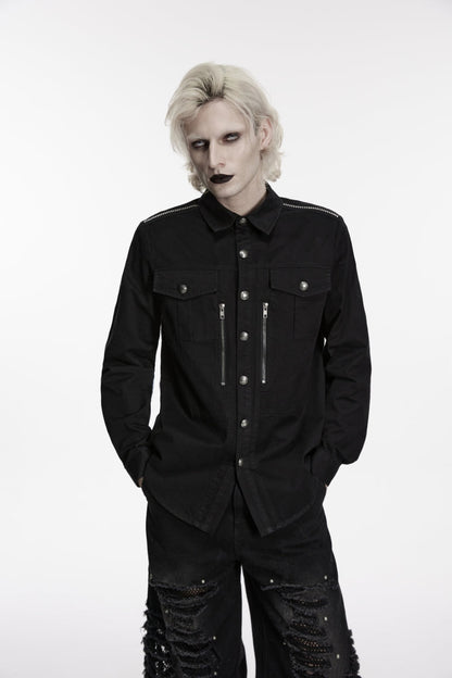 Black Lapel Collar Long Sleeves Zippered Men's Punk Cool Shirt