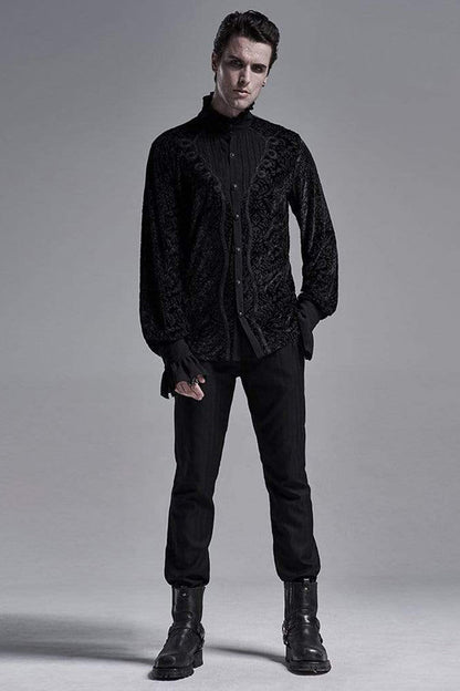 Black High Collar Lantern Sleeve Front Metal Retro Button Flounce Cuff Velveteen Knit Men's Gothic Shirt