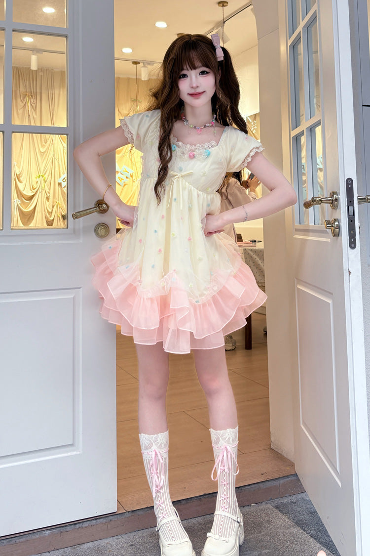 Apricot/Pink [Bubble Lover] Short Puff Sleeves Multi-Layered Ruffle Lace Sweet Princess Lolita Dress