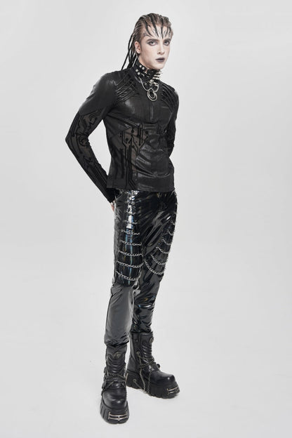 Black Long Sleeves Circuit Board Print Men's Punk Blouse