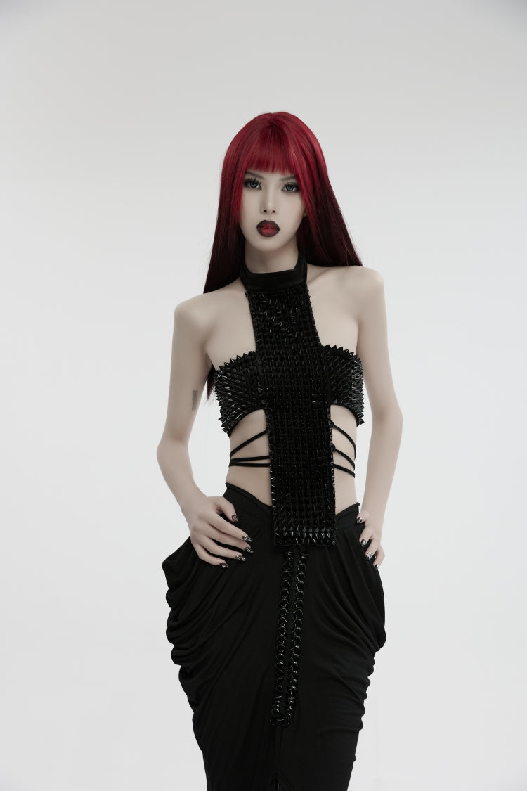 Black Off Shoulder Lace Lace-Up Slim Studded Buckled Women's Gothic Corset
