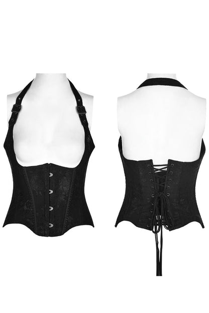 Black Halterneck Jacquard Lace-Up Women's Breast Support Gothic Vest
