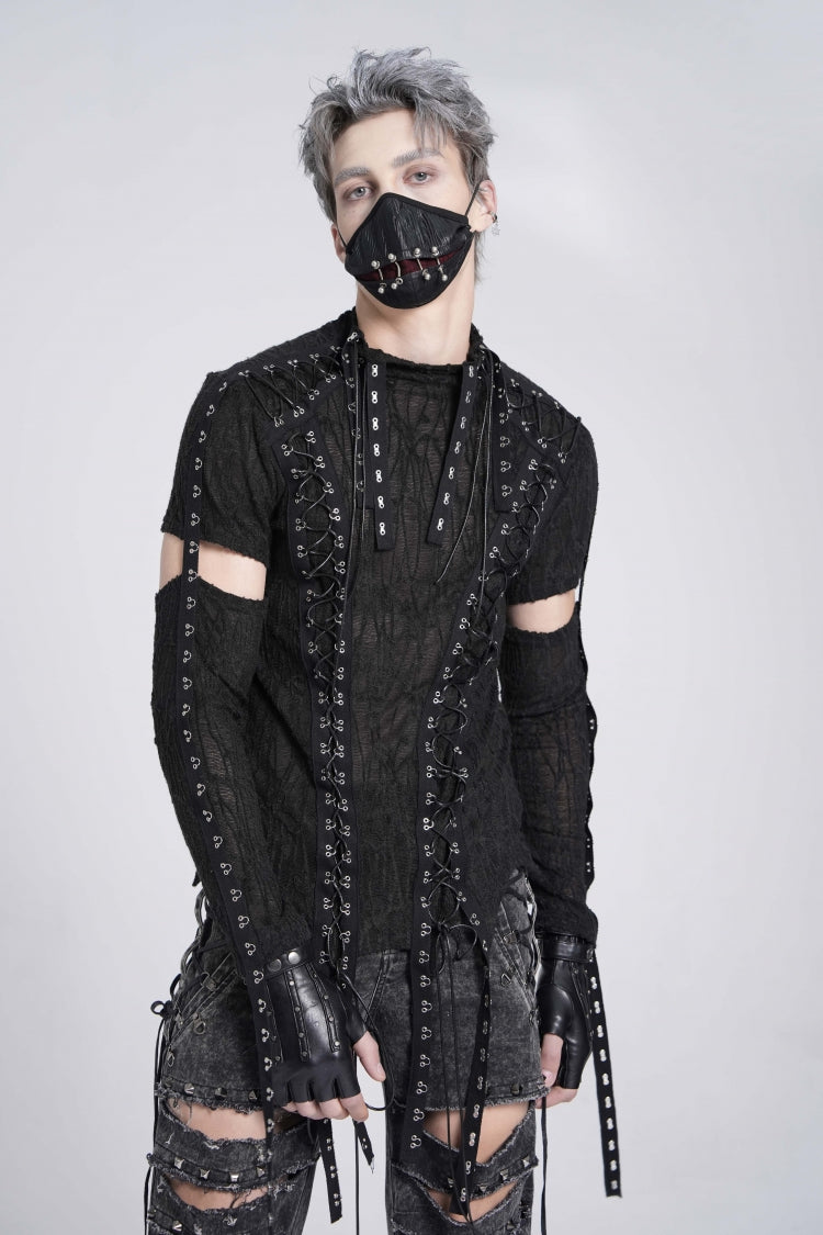 Black Long Sleeves Strap Lace-Up Irregular Mesh Men's Gothic T-Shirt