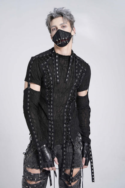 Black Long Sleeves Strap Lace-Up Irregular Mesh Men's Gothic T-Shirt