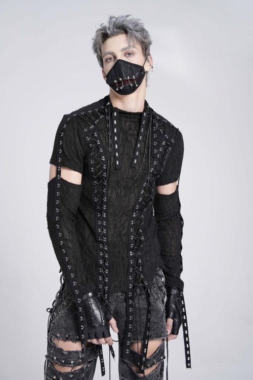 Black Long Sleeves Strap Lace-Up Irregular Mesh Men's Gothic T-Shirt