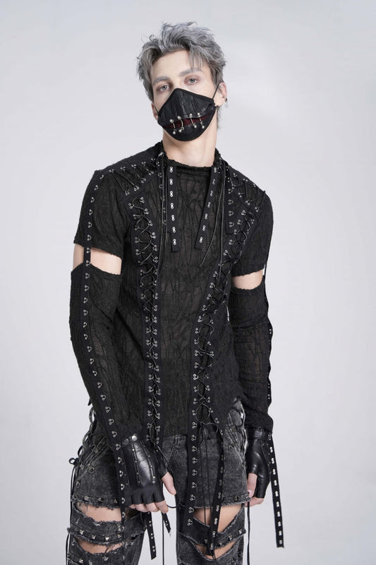 Black Long Sleeves Strap Lace-Up Irregular Mesh Men's Gothic T-Shirt