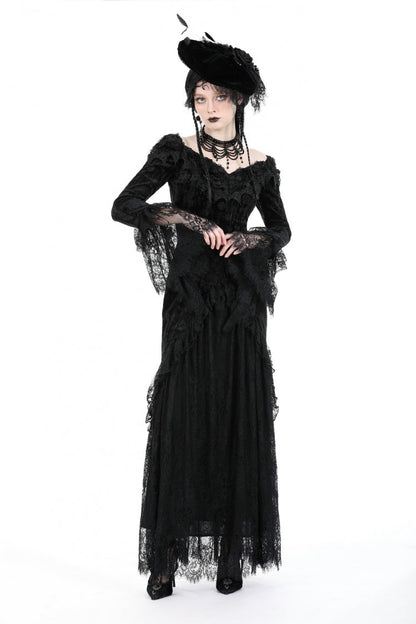 Black Off Shoulder Lace Long Trumpet Sleeves Lace-Up Women's Gothic Bodycon Dress