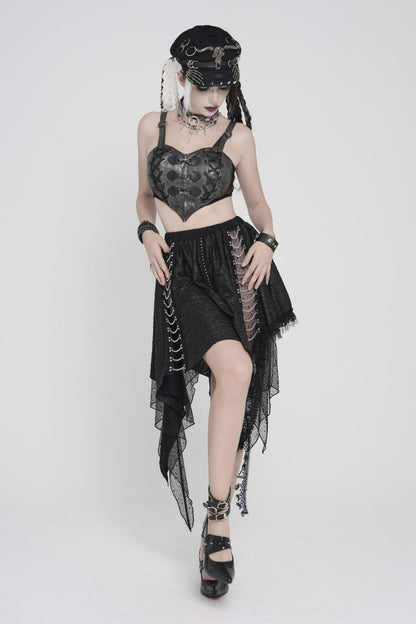 Black Lace Irregular Chain-Decorated Women's Punk Streamer Skirt