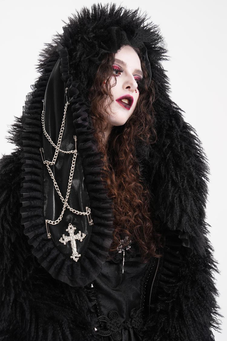 Black Long Sleeves Lace Hooded Zipper Chain Women's Gothic Jacket