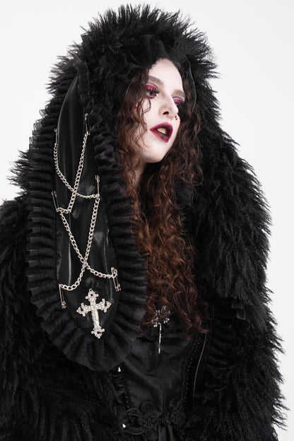 Black Long Sleeves Lace Hooded Zipper Chain Women's Gothic Jacket