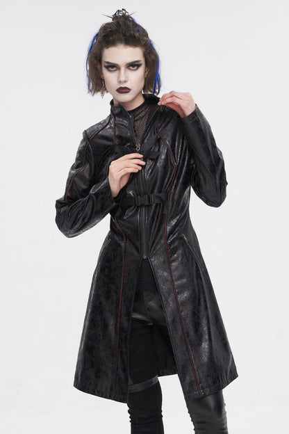 Black Double Buckle Faux Leather Long Women's Punk Coat