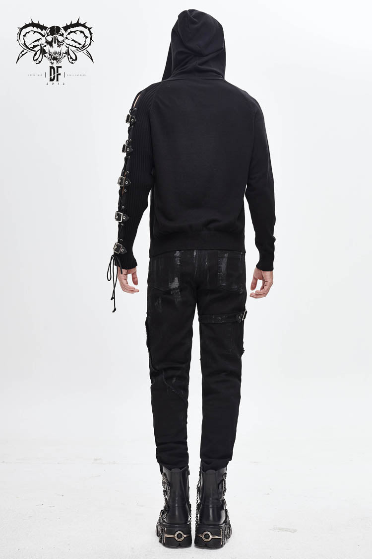 Black Asymmetrical Sleeves Leather Loop Lace-Up Hooded Men's Punk Sweater