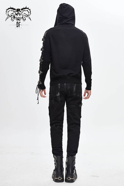 Black Asymmetrical Sleeves Leather Loop Lace-Up Hooded Men's Punk Sweater