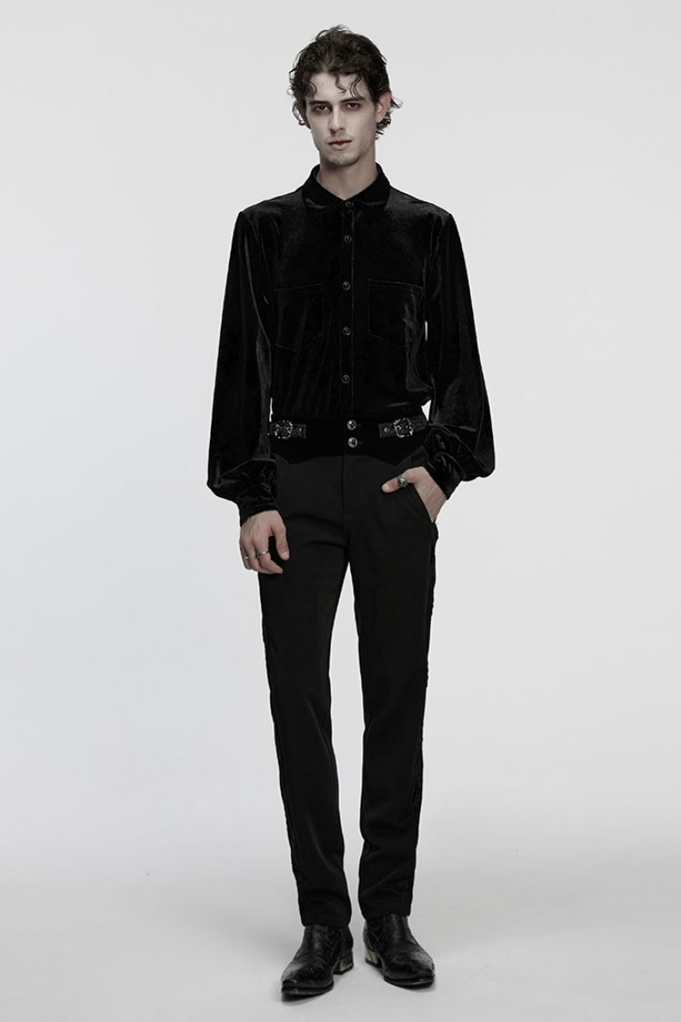 Black Lapel Collar Long Puff Sleeves Men's Gothic Blouse