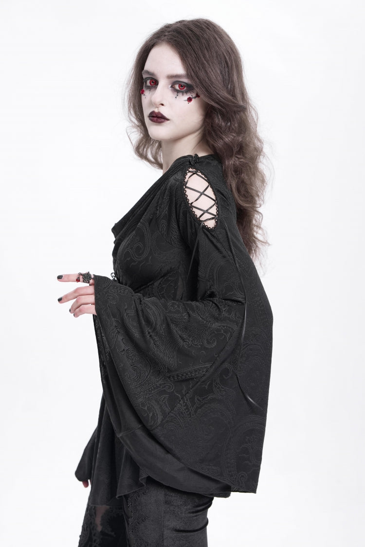 Black Long Trumpet Sleeves Print Embroidery Women's Gothic Blouse