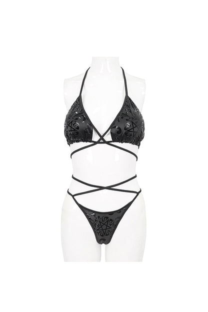 Black Pentagram Effect Print Sexy Strap Women's Gothic Swimsuit Set