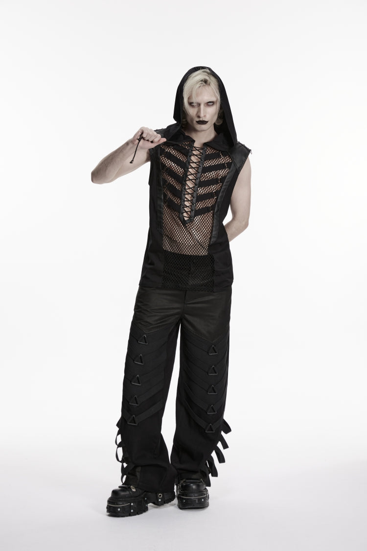 Black Multi-Layered Mesh Eyelet Men's Punk Cool Strappy Pants