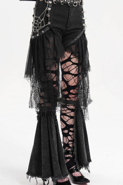 Black Chain Irregular Mesh Ripped Hem Women's Gothic Shorts