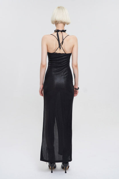 Black Chest Cutout Chain Halter Neck Lace High Slit Long Women's Punk Dress