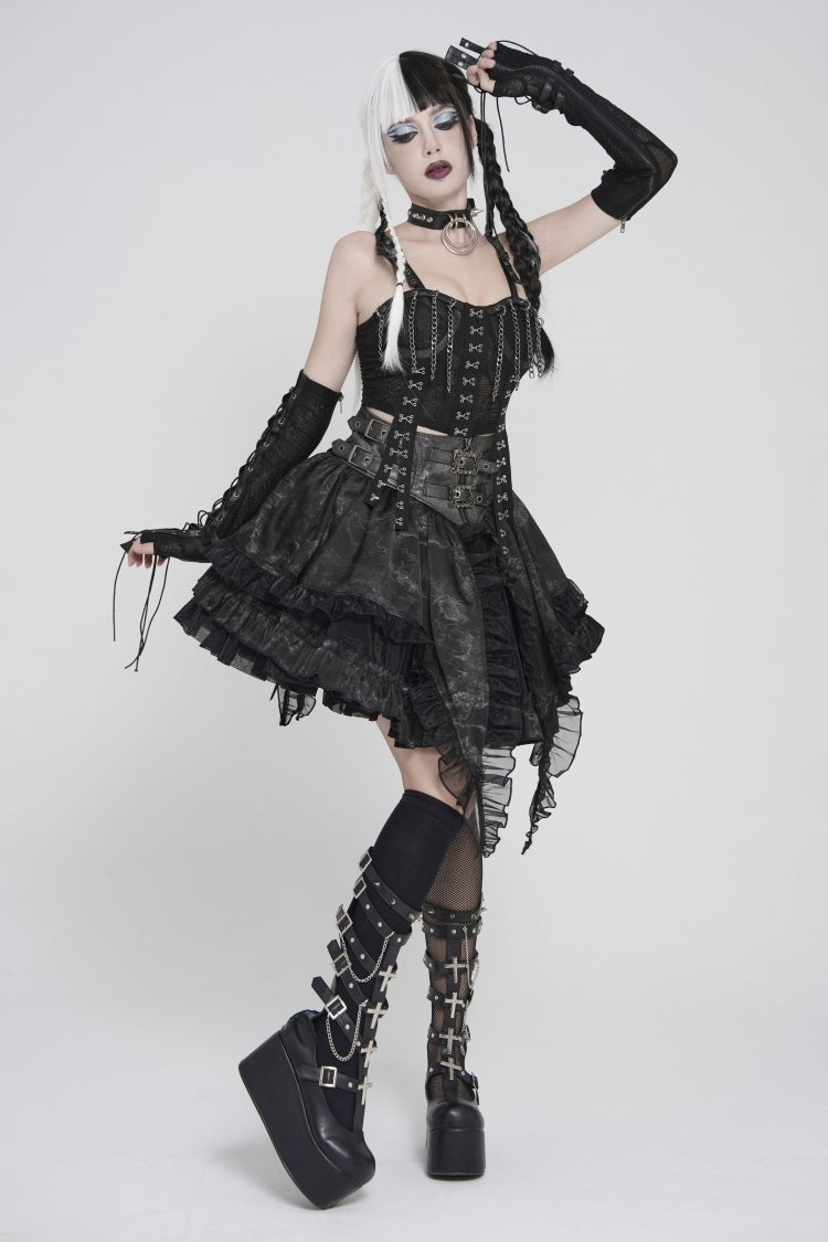 Black Multi-Layered Printed Spliced Lace Lace-Up Buckled Pleated Eyelet Women's Gothic Skirt