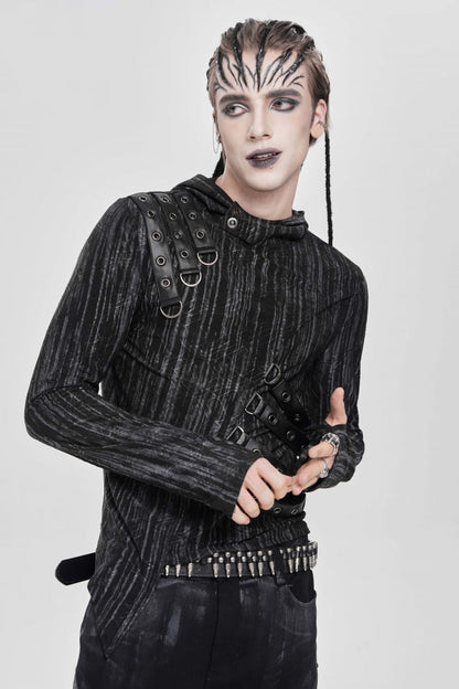Black Long Sleeves Irregular Hooded Straps Eyelet Men's Punk Blouse