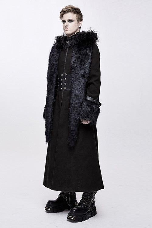 Black Double Sided Woollen Hooded Punk Mens Long Coat