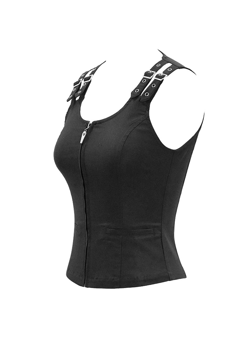 Black Lace Up Double Loops Front Shoulder Backless Women's Punk Waistcoat