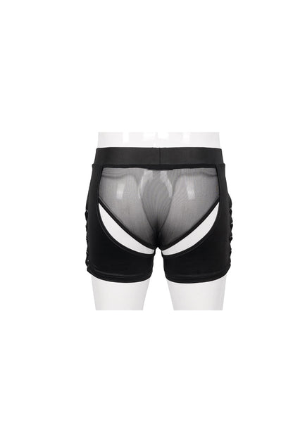 Black Knit Lace Up Perspective Sexy Slim Men's Punk Shorts