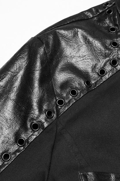 Black Lapel Collar Long Sleeves Stitching Eyelet Men's Punk Blouse